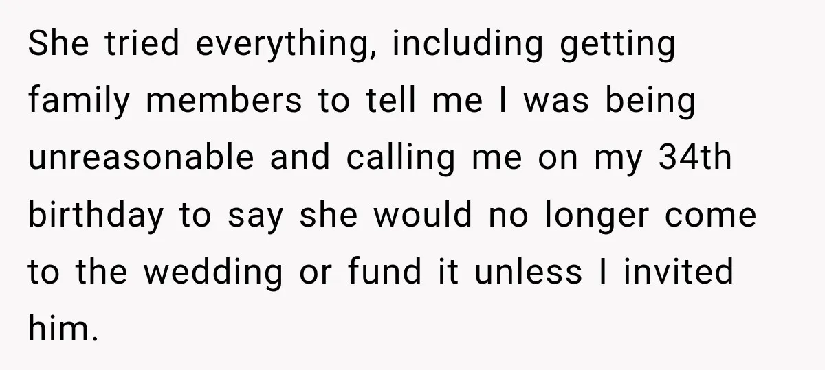 She tried everything, including getting family members to tell me I was being unreasonable and calling me on my 34th birthday to say she would no longer come to the...