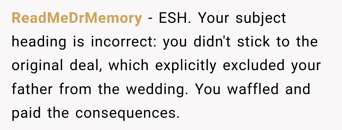 ReadMeDrMemory − ESH. Your subject heading is incorrect: you didn't stick to the original deal, which explicitly excluded your father from the wedding. You waffled and paid the consequences.