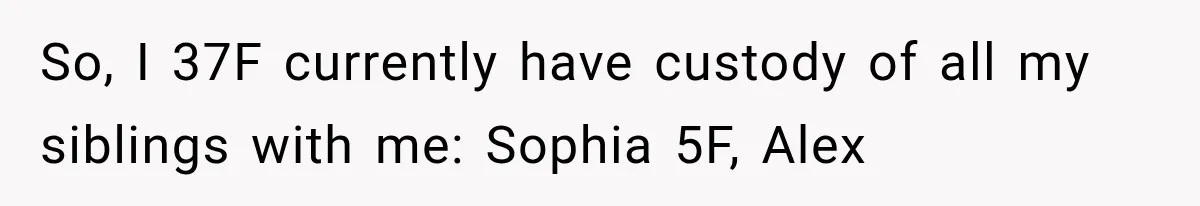 So, I 37F currently have custody of all my siblings with me: Sophia 5F, Alex