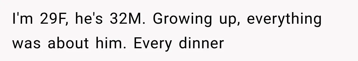 I'm 29F, he's 32M. Growing up, everything was about him. Every dinner