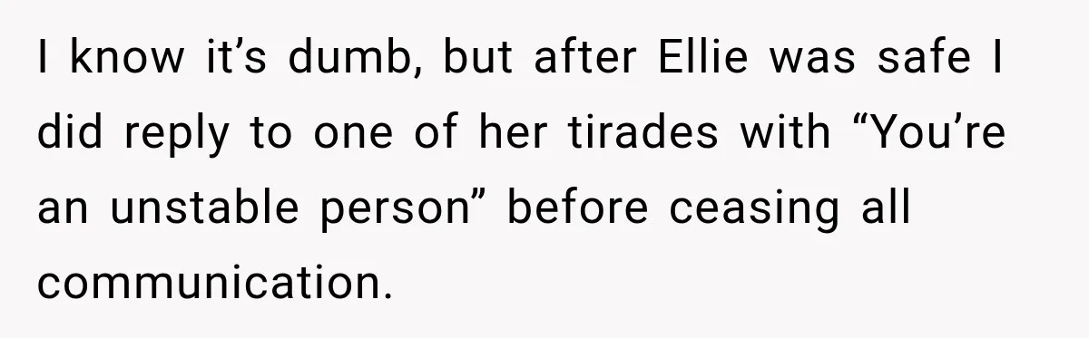 I know it’s dumb, but after Ellie was safe I did reply to one of her tirades with “You’re an unstable person” before ceasing all communication.