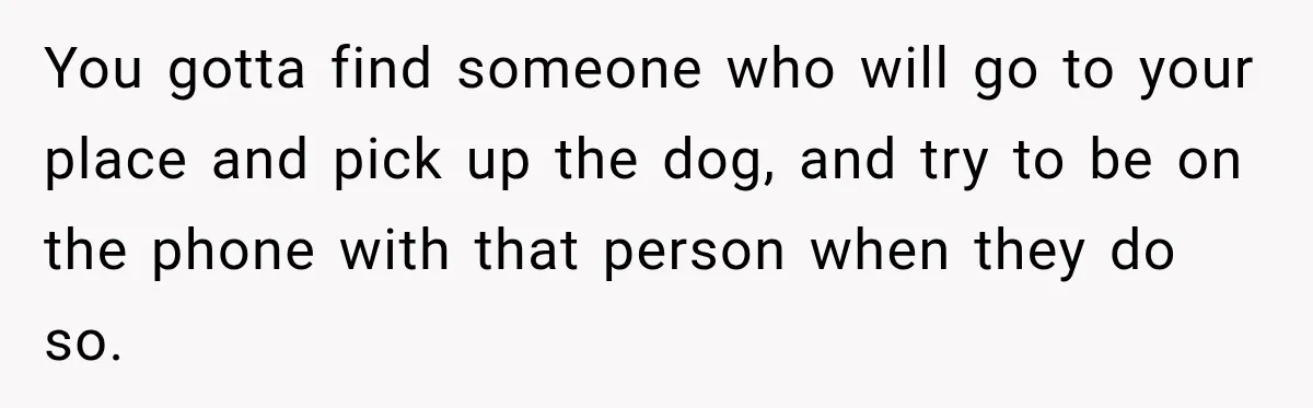 You gotta find someone who will go to your place and pick up the dog, and try to be on the phone with that person when they do so.