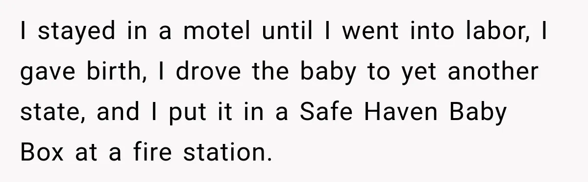 I stayed in a motel until I went into labor, I gave birth, I drove the baby to yet another state, and I put it in a Safe Haven Baby...