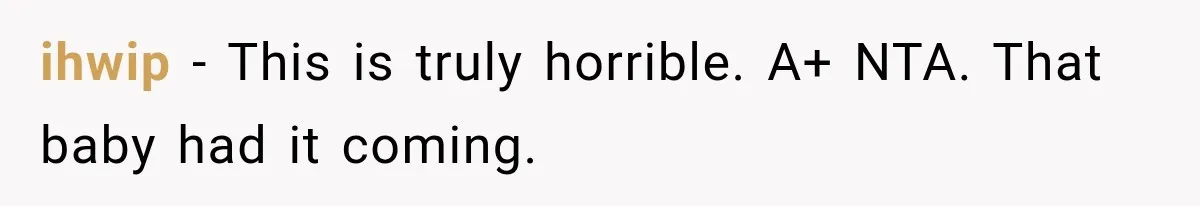 ihwip − This is truly horrible. A+ NTA. That baby had it coming.