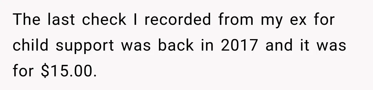 The last check I recorded from my ex for child support was back in 2017 and it was for $15.00.