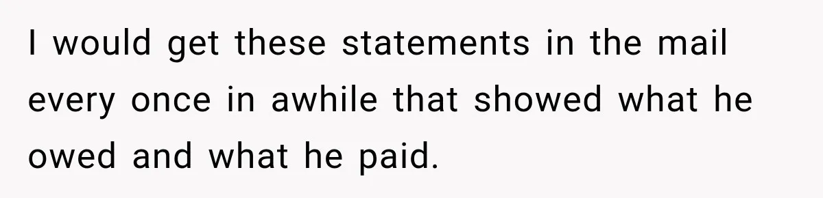I would get these statements in the mail every once in awhile that showed what he owed and what he paid.