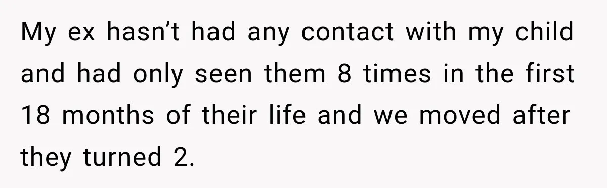 My ex hasn’t had any contact with my child and had only seen them 8 times in the first 18 months of their life and we moved after they turned...