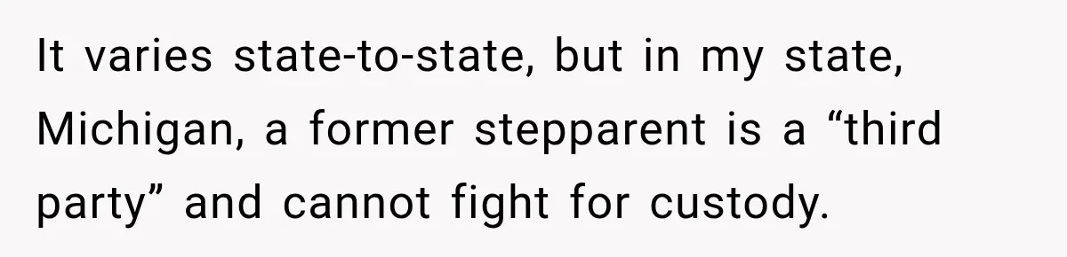 It varies state-to-state, but in my state, Michigan, a former stepparent is a “third party” and cannot fight for custody.