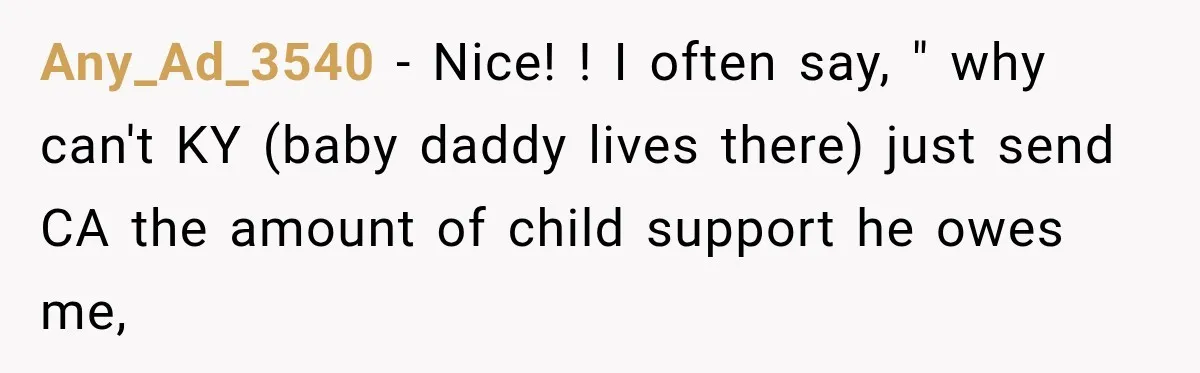Any_Ad_3540 − Nice! ! I often say, " why can't KY (baby daddy lives there) just send CA the amount of child support he owes me,