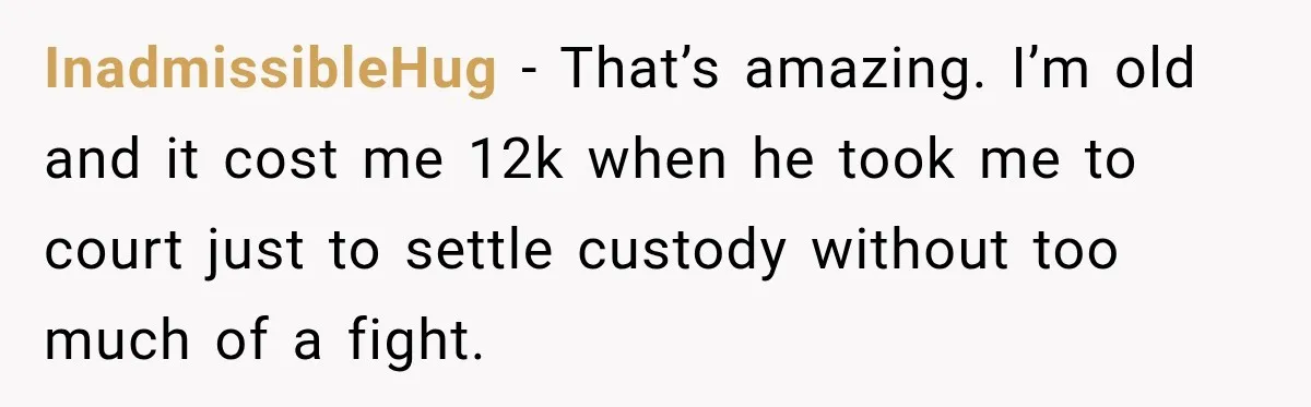 InadmissibleHug − That’s amazing. I’m old and it cost me 12k when he took me to court just to settle custody without too much of a fight.