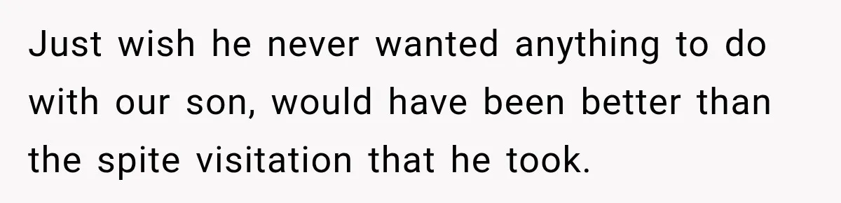 Just wish he never wanted anything to do with our son, would have been better than the spite visitation that he took.