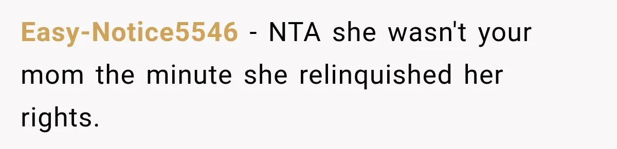 Easy-Notice5546 − NTA she wasn't your mom the minute she relinquished her rights.