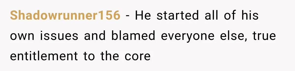 Shadowrunner156 − He started all of his own issues and blamed everyone else, true entitlement to the core