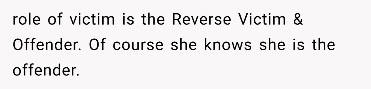 role of victim is the Reverse Victim & Offender. Of course she knows she is the offender.
