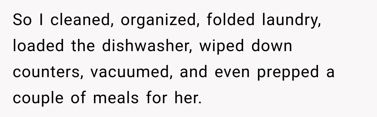 So I cleaned, organized, folded laundry, loaded the dishwasher, wiped down counters, vacuumed, and even prepped a couple of meals for her.
