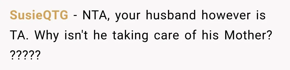 SusieQTG − NTA, your husband however is TA. Why isn't he taking care of his Mother? ?????