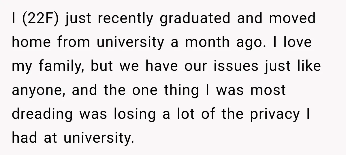 I (22F) just recently graduated and moved home from university a month ago. I love my family, but we have our issues just like anyone, and the one thing I...