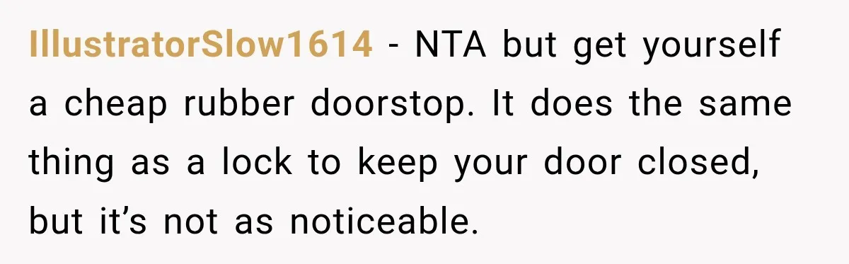 IllustratorSlow1614 − NTA but get yourself a cheap rubber doorstop. It does the same thing as a lock to keep your door closed, but it’s not as noticeable.