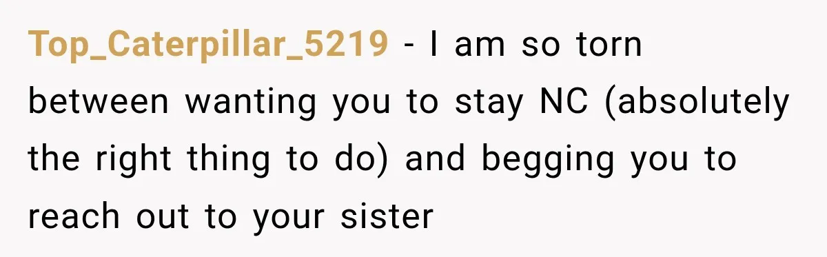 Bride Cuts Off Family After Mom Steals The Spotlight, Then Sister Gets The Same Treatment Top_Caterpillar_5219 − I am so torn between wanting you to stay NC (absolutely the right thing to do) and begging you to reach out to your sister