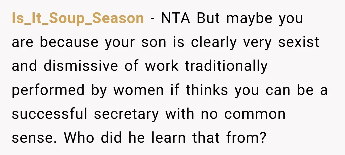 Is_It_Soup_Season − NTA But maybe you are because your son is clearly very sexist and dismissive of work traditionally performed by women if thinks you can be a successful secretary...