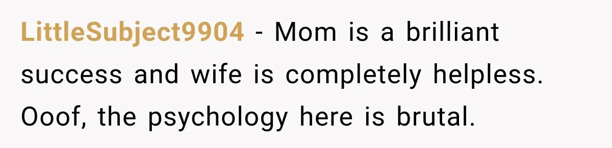 LittleSubject9904 − Mom is a brilliant success and wife is completely helpless. Ooof, the psychology here is brutal.