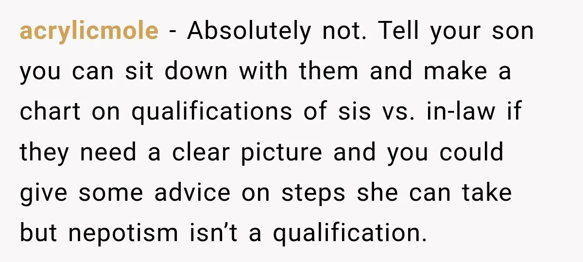 acrylicmole − Absolutely not. Tell your son you can sit down with them and make a chart on qualifications of sis vs. in-law if they need a clear picture and...