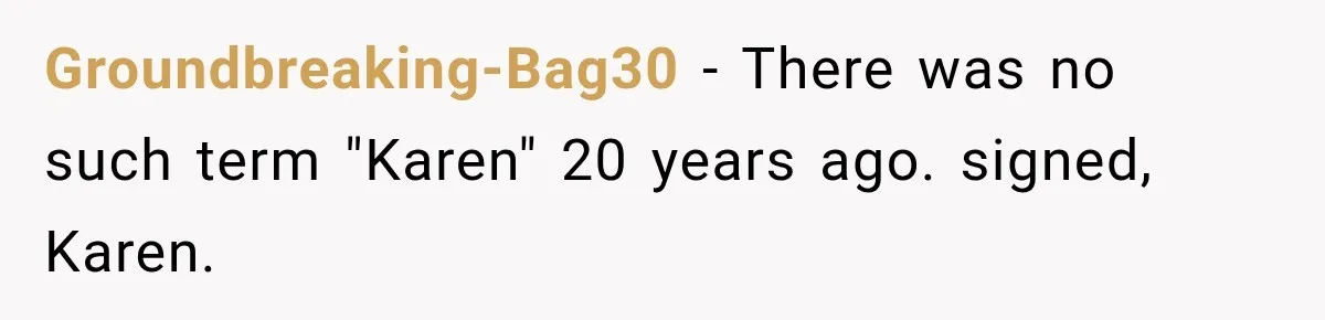 Groundbreaking-Bag30 − There was no such term "Karen" 20 years ago. signed, Karen.