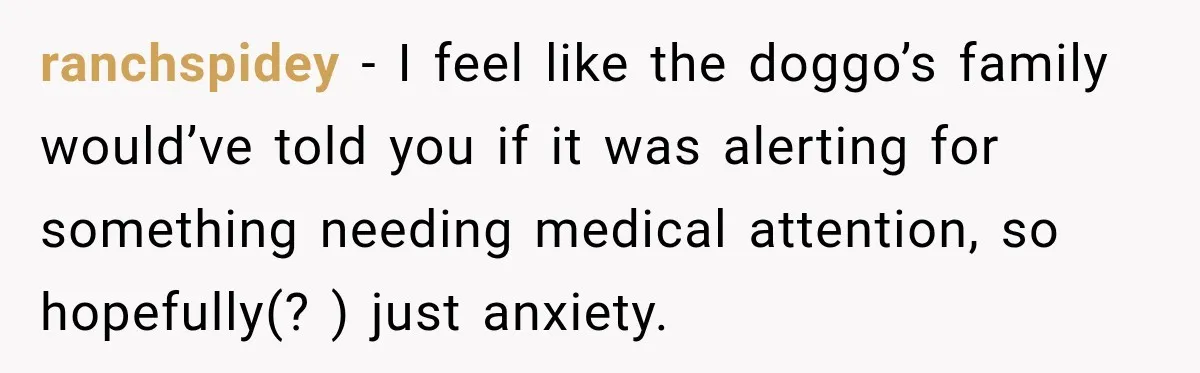 ranchspidey − I feel like the doggo’s family would’ve told you if it was alerting for something needing medical attention, so hopefully(? ) just anxiety.
