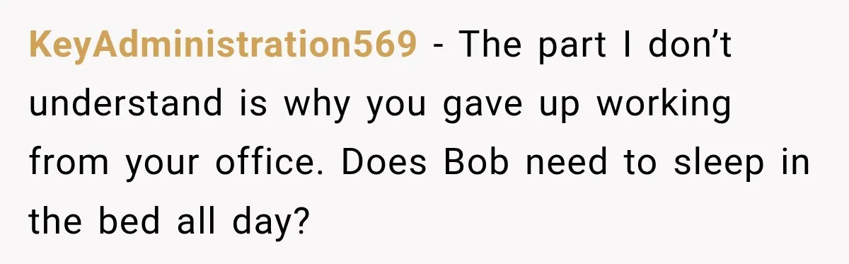 KeyAdministration569 − The part I don’t understand is why you gave up working from your office. Does Bob need to sleep in the bed all day?