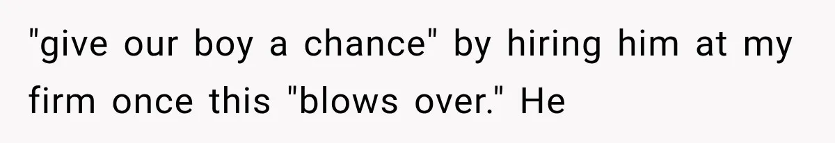 Woman Cuts Off Family After They Celebrate Ending Her Support, Then Demand Money Again "give our boy a chance" by hiring him at my firm once this "blows over." He