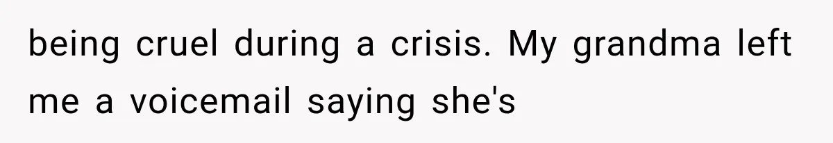 Woman Cuts Off Family After They Celebrate Ending Her Support, Then Demand Money Again being cruel during a crisis. My grandma left me a voicemail saying she's
