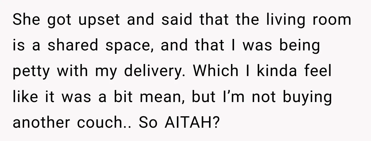 She got upset and said that the living room is a shared space, and that I was being petty with my delivery. Which I kinda feel like it was a...