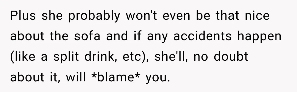Plus she probably won't even be that nice about the sofa and if any accidents happen (like a split drink, etc), she'll, no doubt about it, will *blame* you.