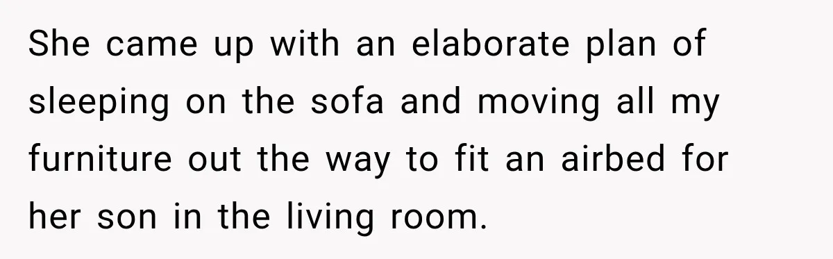 She came up with an elaborate plan of sleeping on the sofa and moving all my furniture out the way to fit an airbed for her son in the living...