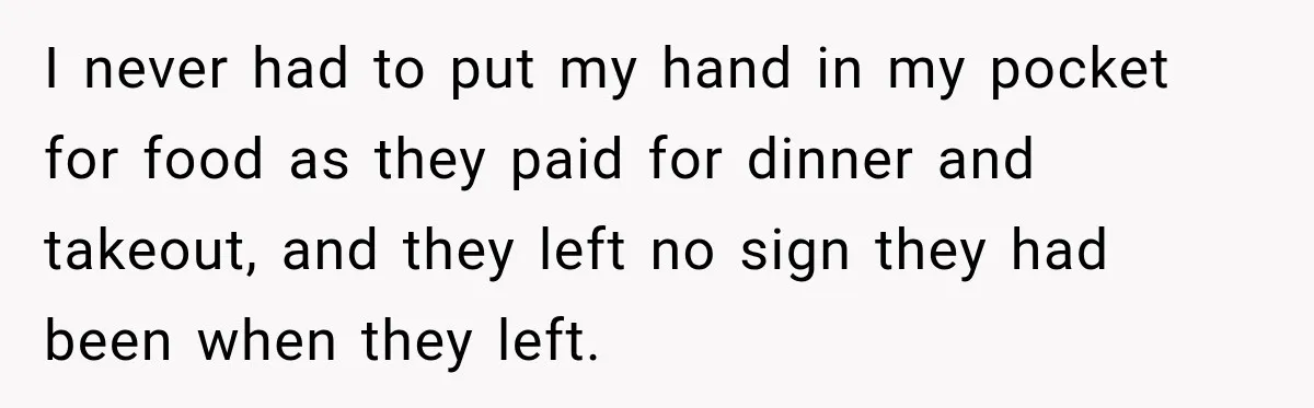 I never had to put my hand in my pocket for food as they paid for dinner and takeout, and they left no sign they had been when they left.