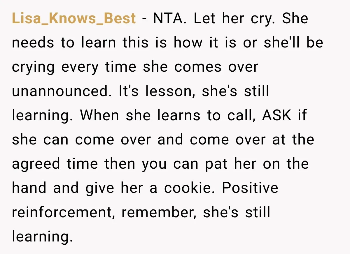 Lisa_Knows_Best − NTA. Let her cry. She needs to learn this is how it is or she'll be crying every time she comes over unannounced. It's lesson, she's still learning....