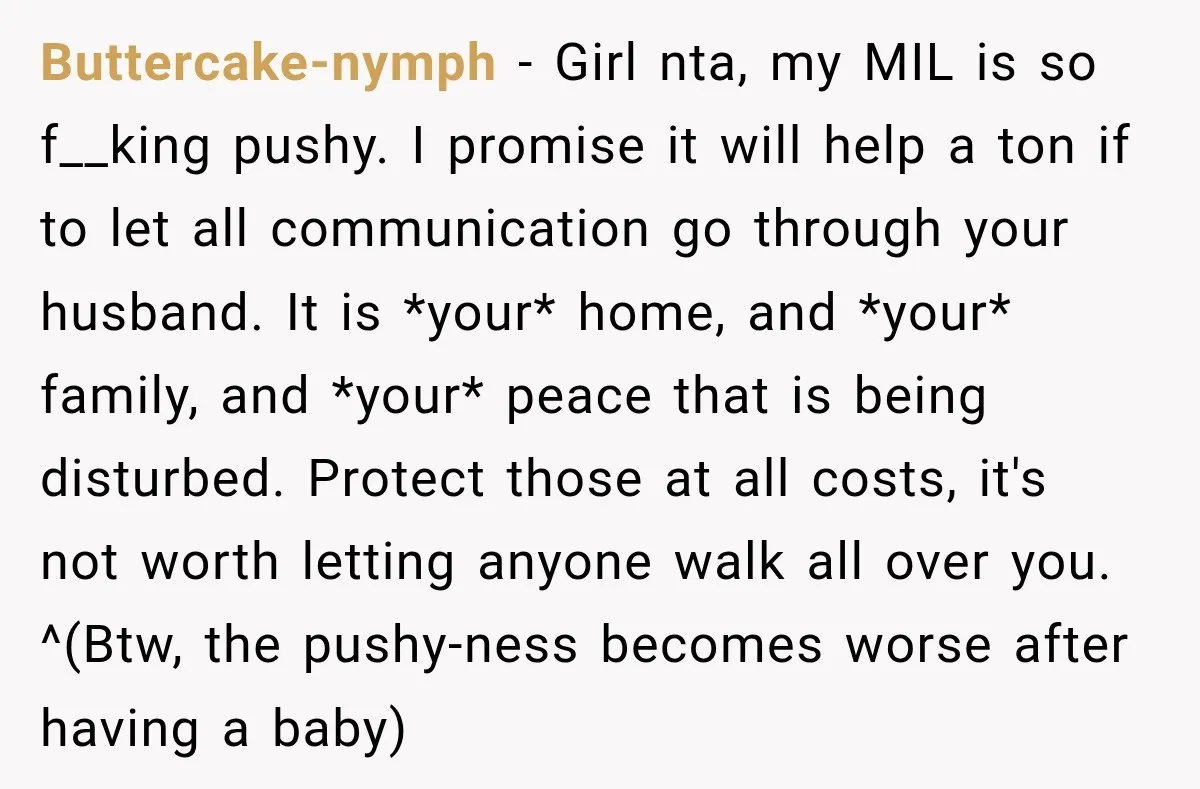 Buttercake-nymph − Girl nta, my MIL is so f__king pushy. I promise it will help a ton if to let all communication go through your husband. It is *your* home,...