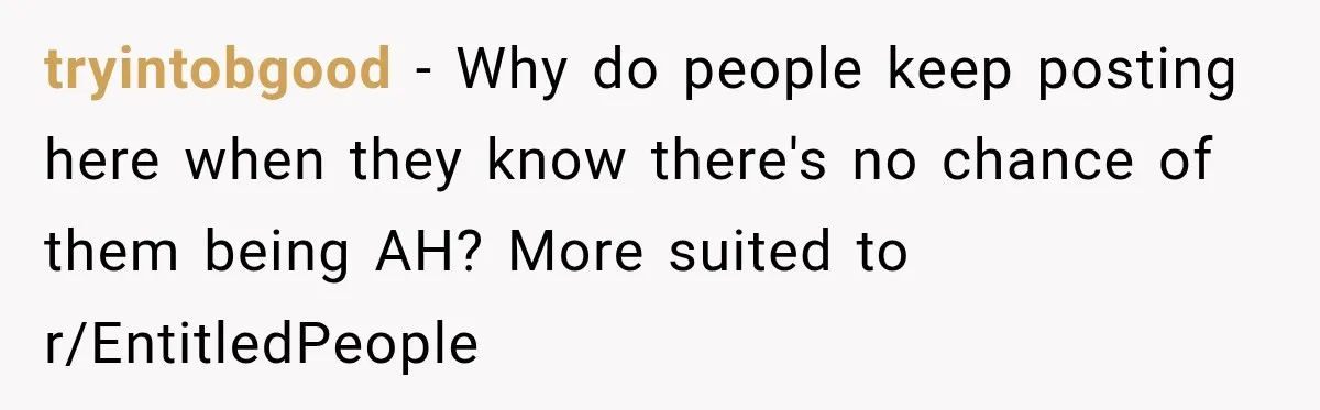tryintobgood − Why do people keep posting here when they know there's no chance of them being AH? More suited to r/EntitledPeople