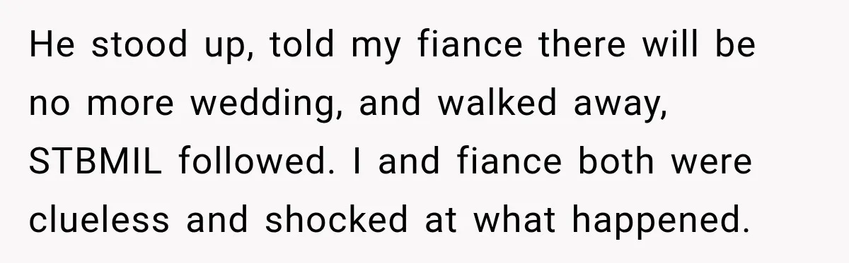He stood up, told my fiance there will be no more wedding, and walked away, STBMIL followed. I and fiance both were clueless and shocked at what happened.