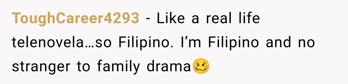 ToughCareer4293 − Like a real life telenovela…so Filipino. I’m Filipino and no stranger to family drama🥴