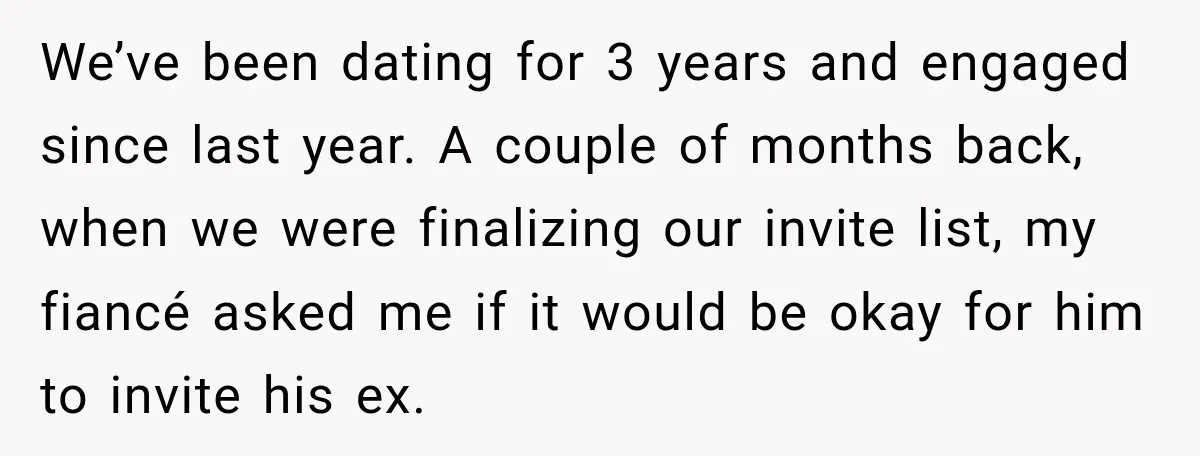 We’ve been dating for 3 years and engaged since last year. A couple of months back, when we were finalizing our invite list, my fiancé asked me if it would...
