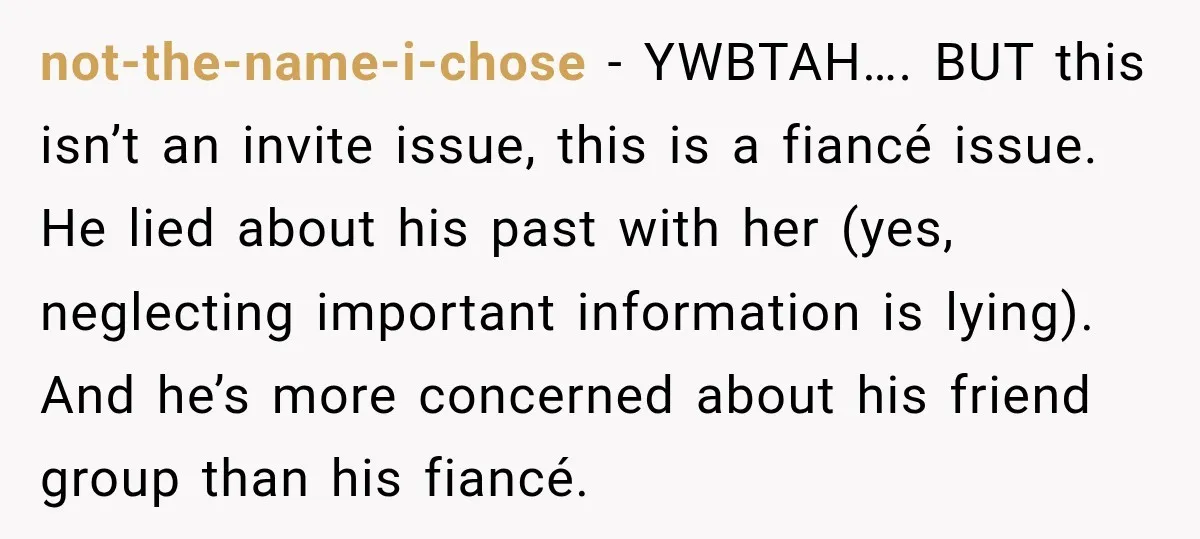 not-the-name-i-chose − YWBTAH…. BUT this isn’t an invite issue, this is a fiancé issue. He lied about his past with her (yes, neglecting important information is lying). And he’s more...