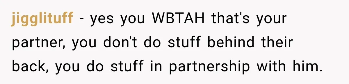 jigglituff − yes you WBTAH that's your partner, you don't do stuff behind their back, you do stuff in partnership with him.