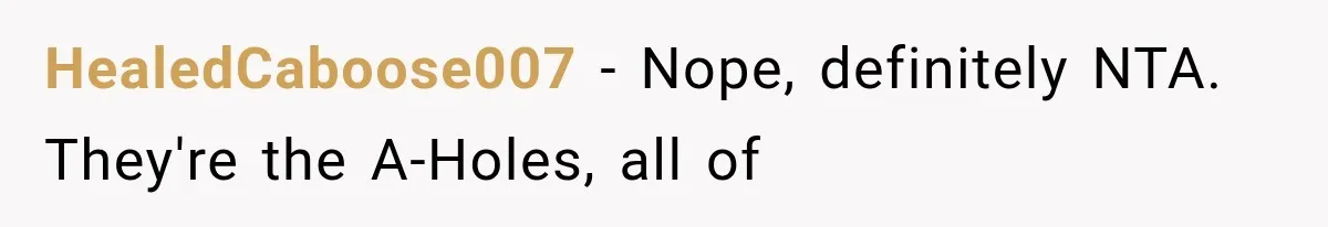 HealedCaboose007 − Nope, definitely NTA. They're the A-Holes, all of