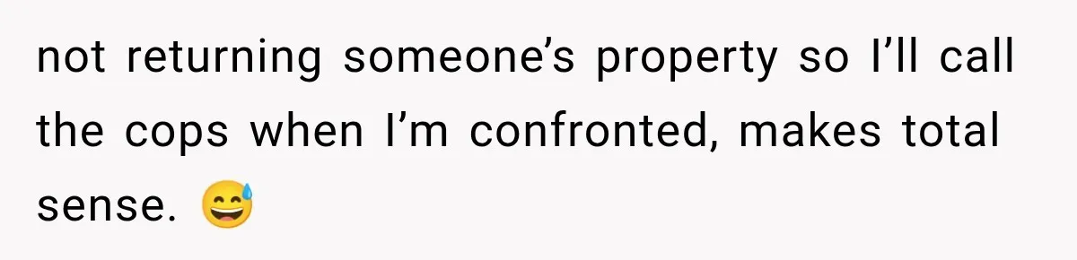 not returning someone’s property so I’ll call the cops when I’m confronted, makes total sense. 😅