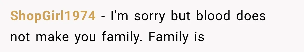ShopGirl1974 − I'm sorry but blood does not make you family. Family is