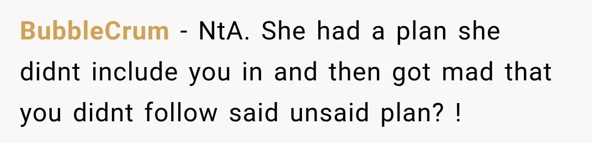 BubbleCrum − NtA. She had a plan she didnt include you in and then got mad that you didnt follow said unsaid plan? !