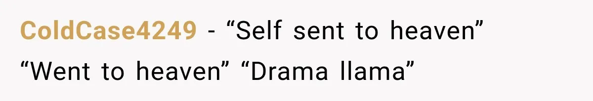 ColdCase4249 − “Self sent to heaven”  “Went to heaven” “Drama llama”