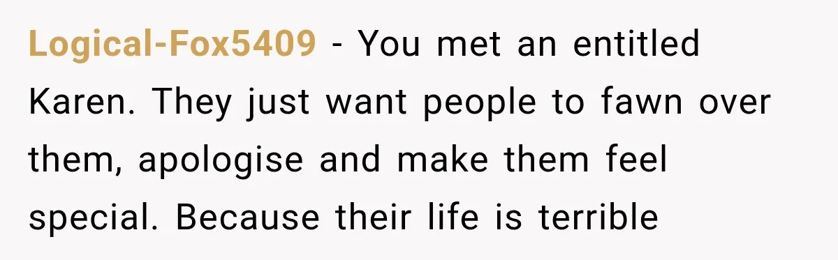 Logical-Fox5409 − You met an entitled Karen. They just want people to fawn over them, apologise and make them feel special. Because their life is terrible