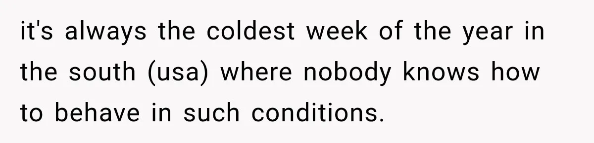 it's always the coldest week of the year in the south (usa) where nobody knows how to behave in such conditions.